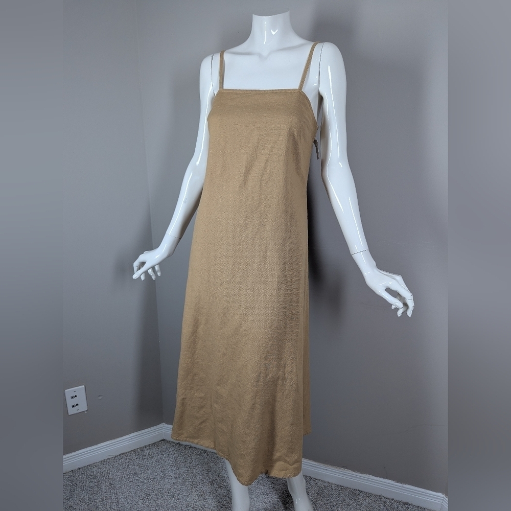 Japnea Tan Linen-Blend Midi Slip Dress | Smocked Back | Adjustable Straps | XS